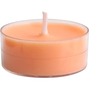 A tealight candle set featuring four orange candles in transparent holders. Suitable for home décor.
