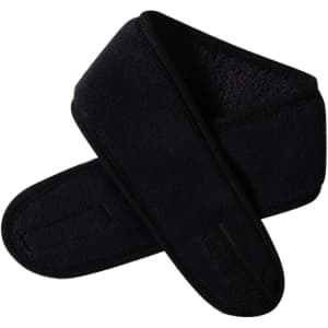 A black promotional headband made of soft material, featuring a logo and a comfortable design.