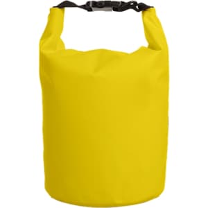 A yellow waterproof dry bag with a black strap and buckle closure, designed for keeping contents dry.