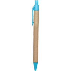 A Kraft paper pen featuring a blue plastic tip and clip. The pen has a natural brown kraft paper barrel.