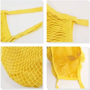A yellow mesh grocery bag with inner lining, featuring a woven design and sturdy straps. The bag has a logo.