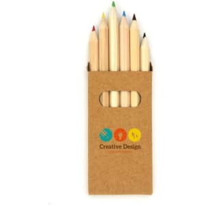 A set of six coloured pencils in a cardboard holder featuring a logo on the front. Pencils include red, blue, yellow, and green.