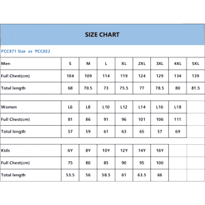 A size chart featuring measurements for men's, women's, and kids' t-shirts in various sizes.