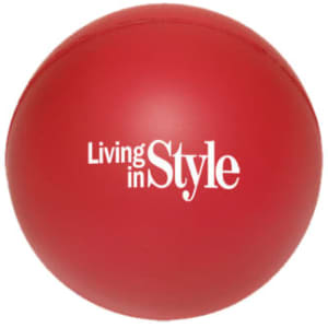 A red 50mm ball-shaped stress reliever with a logo.
