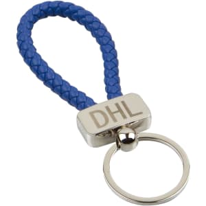 A blue braided keyring tag with a silver metal feature and a logo on the front.