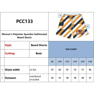Women's polyester spandex board shorts featuring a striped pattern in navy, orange, and white, with a drawstring and pocket.