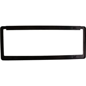 A black plastic licence plate frame with cutouts, featuring a space for a licence plate and a branding logo.