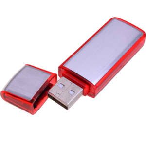 A red and silver USB flash drive with a removable cap, featuring a sleek design and a logo.