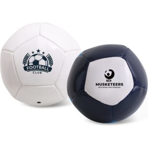 A mini soccer ball featuring white and navy colours with logos on each side.