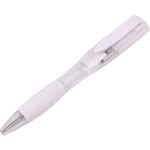 A white ballpoint pen that doubles as a flash drive, featuring a clear plastic body and a silver tip.