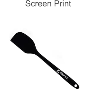 A black spatula with a flat head and a long handle, featuring a logo on the handle.