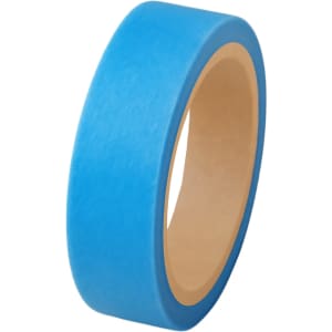 A roll of blue washi tape with a smooth texture and a cardboard core.