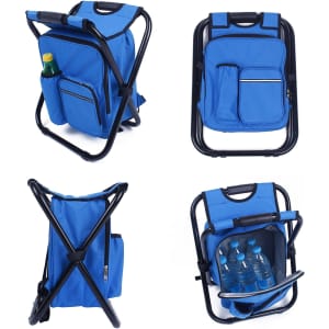 A blue foldable insulated bag and chair with pockets, featuring a drink bottle in one pocket and three water bottles inside.