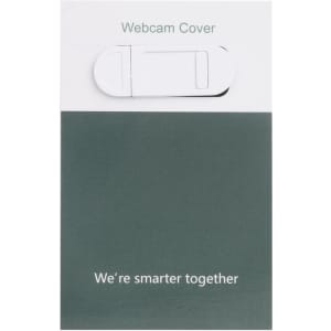 A white tablet webcam cover on a green and grey packaging card featuring branding.