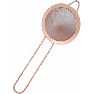 A copper-coloured bar mesh strainer with a round sieve and long handles.