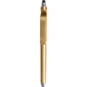 A gold stylus ball pen featuring a mobile holder and a sleek design with chrome accents. Includes a logo.
