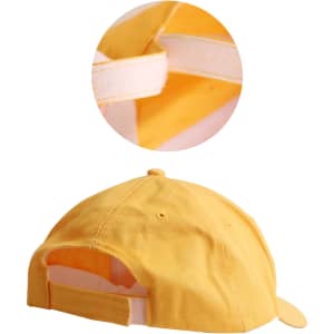 A yellow cap with a rear Velcro strap and a logo displayed on the front. The cap is made from RPET material.