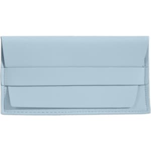 A light blue PU leather glasses pouch with a flap closure and a logo.