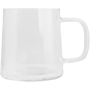 A clear glass mug with a sturdy handle, featuring a simple, modern design.