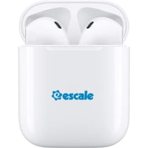 A pair of white wireless earbuds housed in a white charging case with a logo.