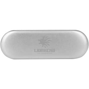 A silver tin with a black foam insert, featuring a logo on the surface.