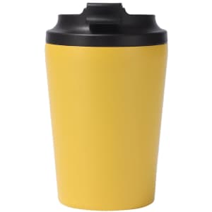 A yellow powder-coated stainless steel coffee mug with a black lid and a logo.