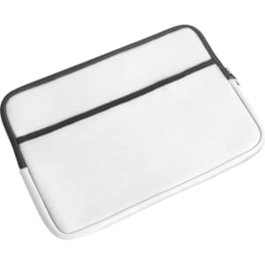 A white laptop bag with a grey trim and a zip closure, featuring a logo on the front.