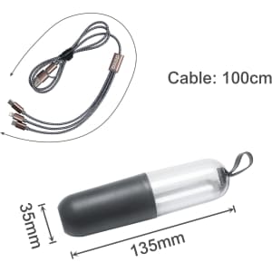 A clear capsule storage case with a black bottom and a 100cm braided charging cable inside.