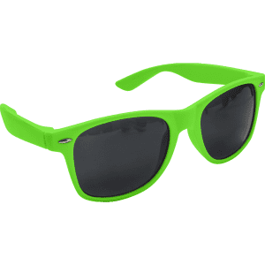 A pair of vibrant green classic sunglasses with dark lenses and a logo on the side.