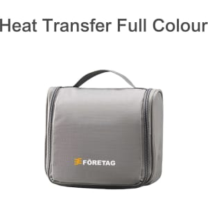 A grey hanging travel toiletry bag with a zipper and a top handle. It features a logo on the front.