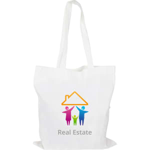 A white cotton bag with long handles and a multicoloured logo featuring figures and a house design.