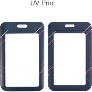 A double-sided ID card holder in navy blue with a pattern and a logo, featuring cutouts for cards.