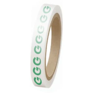 A roll of white BOPP packaging tape featuring a green logo pattern.