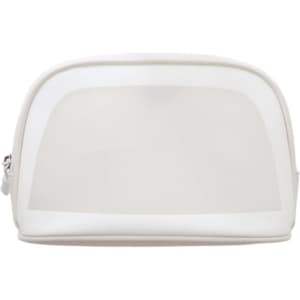 A waterproof transparent cosmetic bag in a white colour, featuring a rounded shape and zip closure.