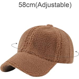A brown 6 panel lamb fur baseball cap with an adjustable size feature and a curved brim. It has a logo on it.