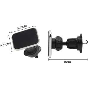 A black and silver square car hook bracket, featuring dimensions and a holder with a hook for hanging items.