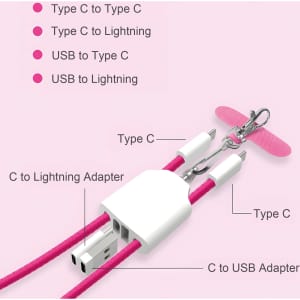 A pink 4-in-1 charging phone lanyard with multiple Type C, USB, and Lightning connectors, featuring a clip and adapters.