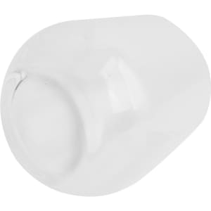 A clear glass wine glass with a rounded base and a smooth finish, featuring a simple design.