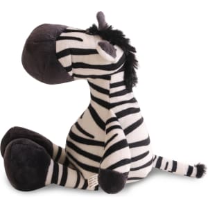 A plush zebra toy featuring black and white stripes, with a soft body and dark paws. Includes a branding logo.