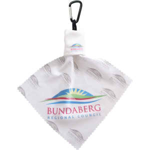 A white microfibre lens cloth with a carabiner, featuring a logo and a sun design.