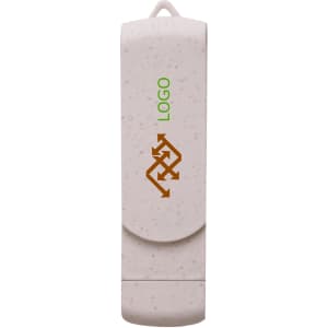 A white wheat straw Type C flash drive with a logo. It features a sleek, compact design ideal for technology use.