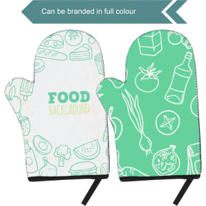 A green neoprene oven mitt featuring food illustrations on one side and a simple design on the other. It has a logo.