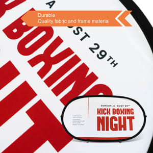 A small horizontal pop-up banner featuring red and white fabric with a black frame and branding.