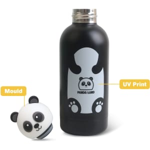 A drink bottle featuring a black body with a panda design and a detachable panda head cap. It includes a logo.