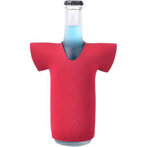 A drink bottle in a red jersey-shaped stubby cooler, designed to fit snugly around the bottle.
