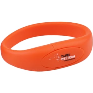 An orange oval silicone wristband flash drive with a logo on the side.
