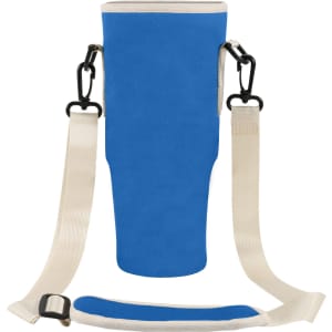 A drink bottle carrier bag for Stanley Cup in blue with adjustable straps and a logo.