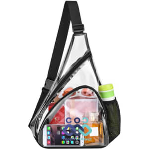 A clear PVC sling bag with black strap, featuring personal items, a drink bottle, and a phone visible inside.