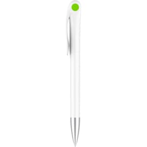 A plastic pen with a creamy white barrel and a green accent on the clip, featuring a silver tip and detailing.
