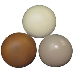 Three round stress relievers in brown, cream, and light beige colours arranged in a triangular formation.